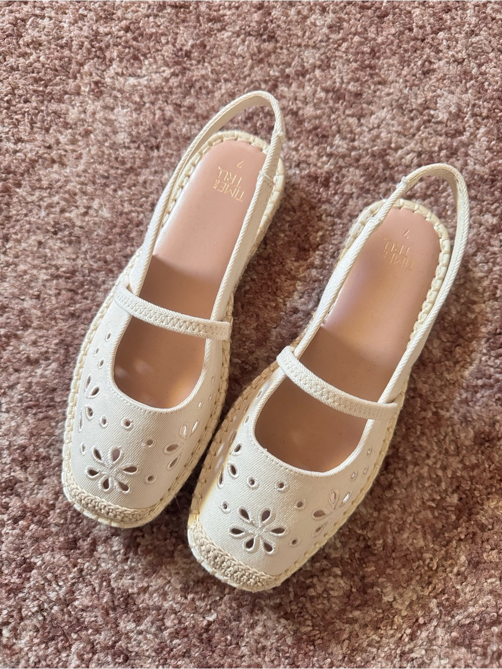 Time and Tru Cream Mary Jane Slingback Espadrille with Floral Cutouts